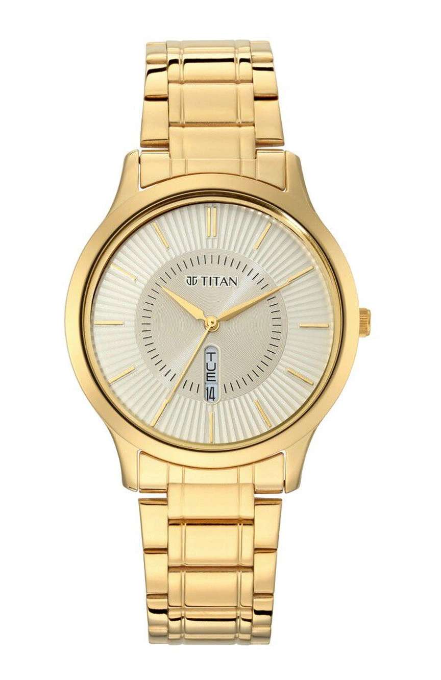 Titan Quartz Analog with Day and Date Yellow Dial Metal Strap Watch for Men