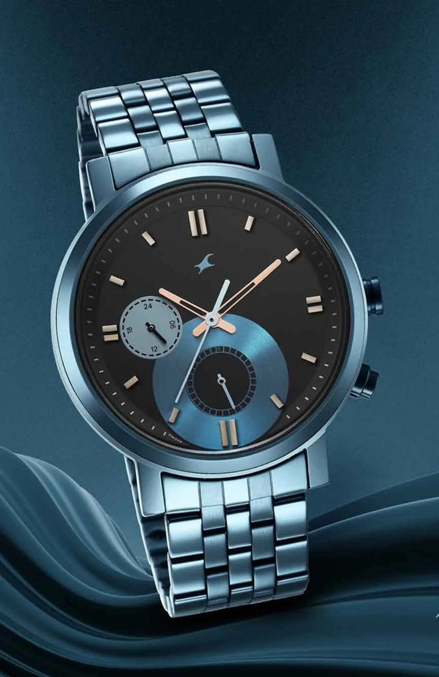 

Titan | Fastrack Tick Tock Quartz Multifunction Black Dial Metal Strap Watch for Guys