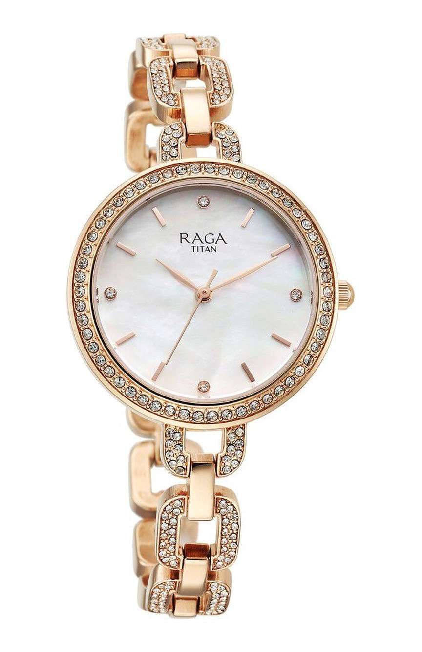 Titan Raga Showstopper Quartz Analog Mother Of Pearl Dial Rose Gold Metal Strap Watch For Women