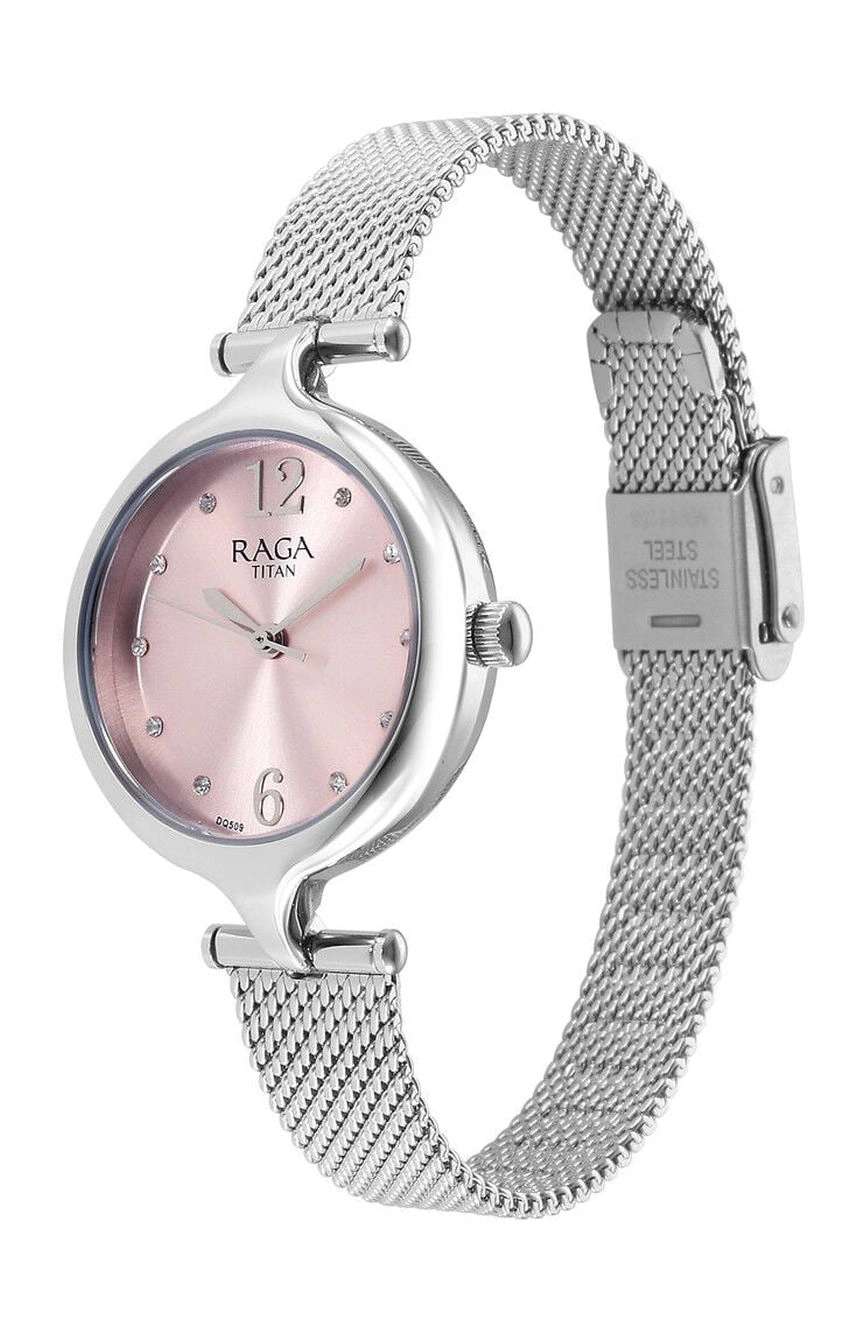Titan Raga Showstopper Quartz Analog Pink Dial Silver Metal Strap Watch For Women