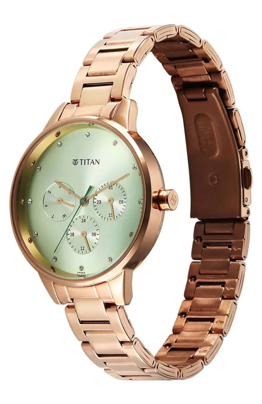 Titan Razzle Dazzle Quartz Analog with Day and Date Green Dial Rose Gold Stainless Steel Strap Watch For Women