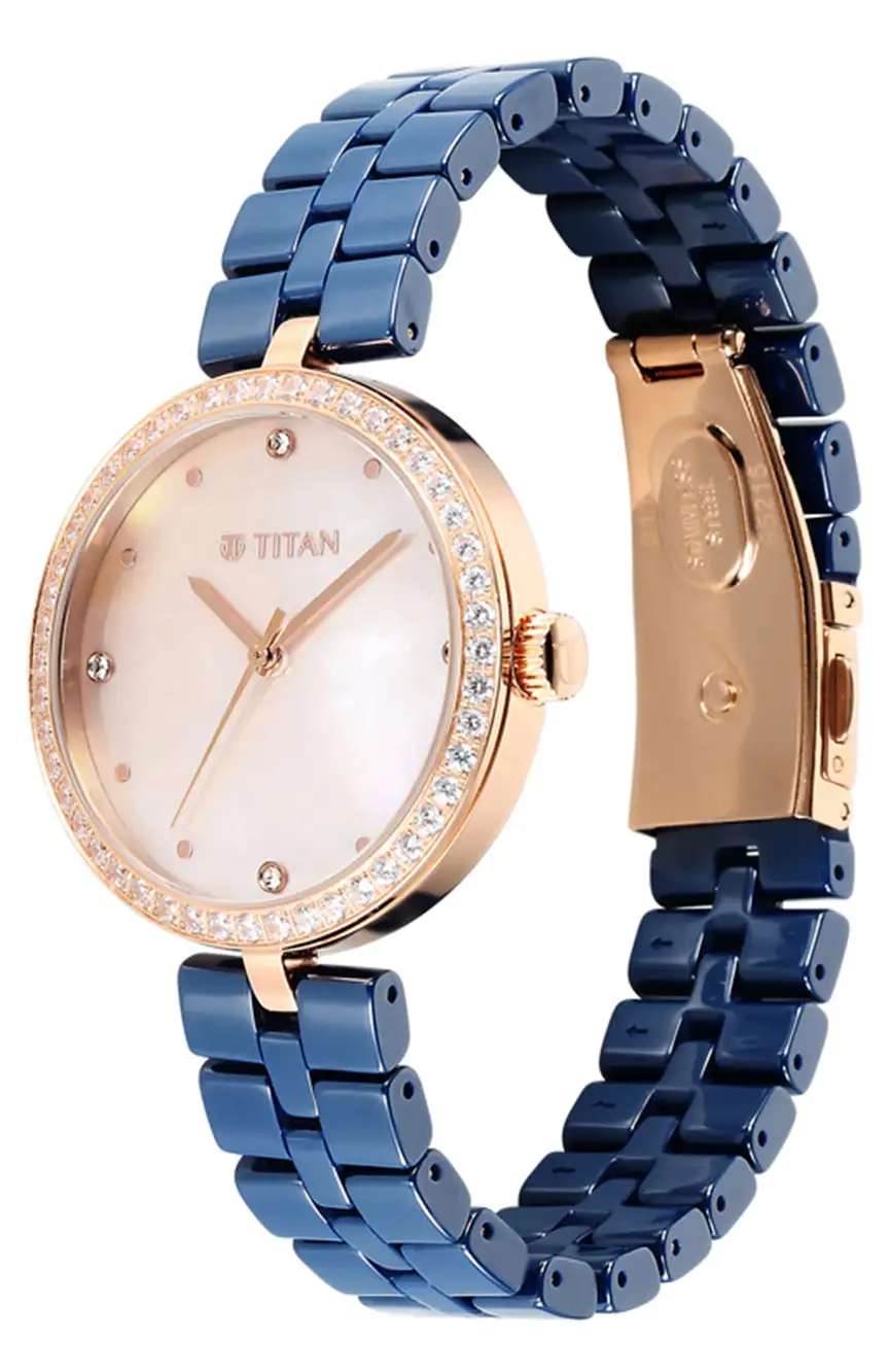 Titan Purple Ceramics Quartz Analog Mother of Pearl Dial Blue Ceramic Strap Watch For Women