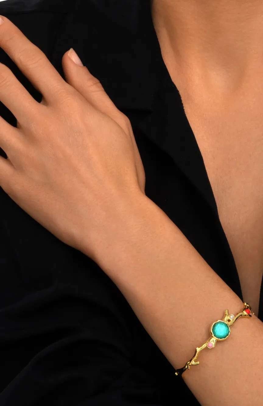 Satellite Oceane Gold Bangle Bracelet With Round Turquoise Cabochon And Multicolored Cabochons - Multicolored