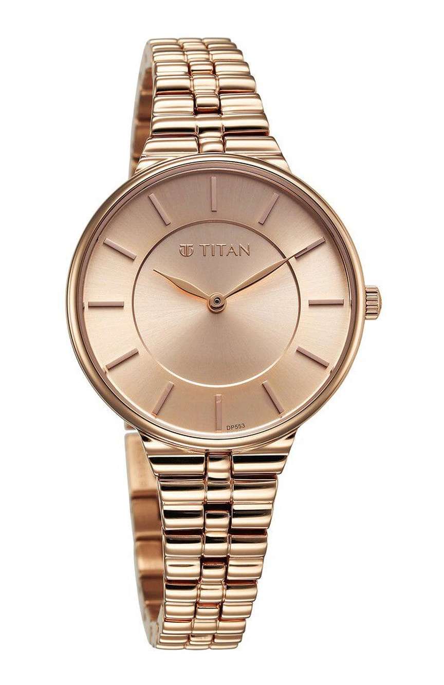 Titan Aura Quartz Analog Rose Gold Dial Stainless Steel Strap Watch for Women