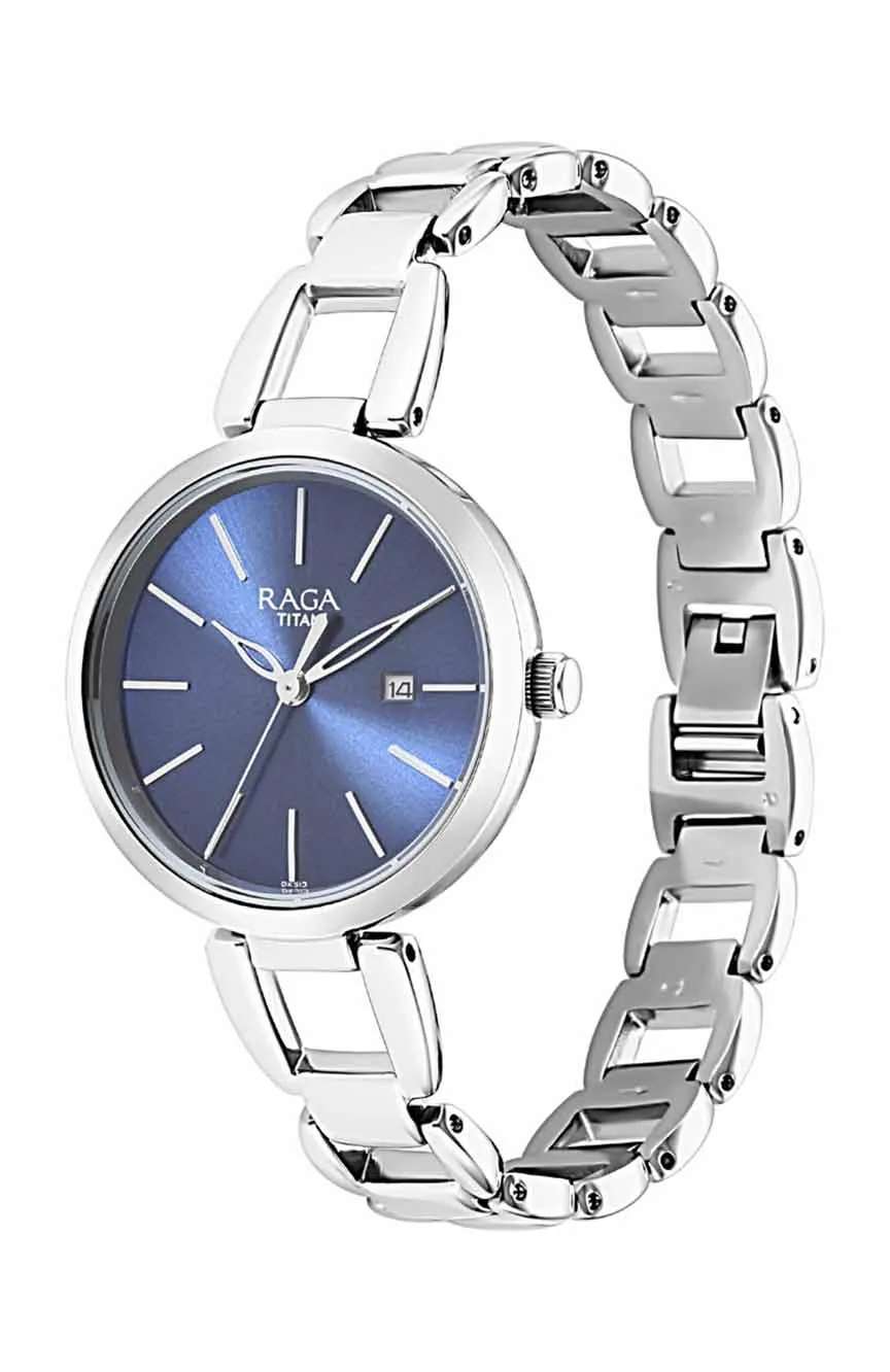 Titan Raga Viva Blue Dial Analog with Date Silver Metal Strap Watch for Women