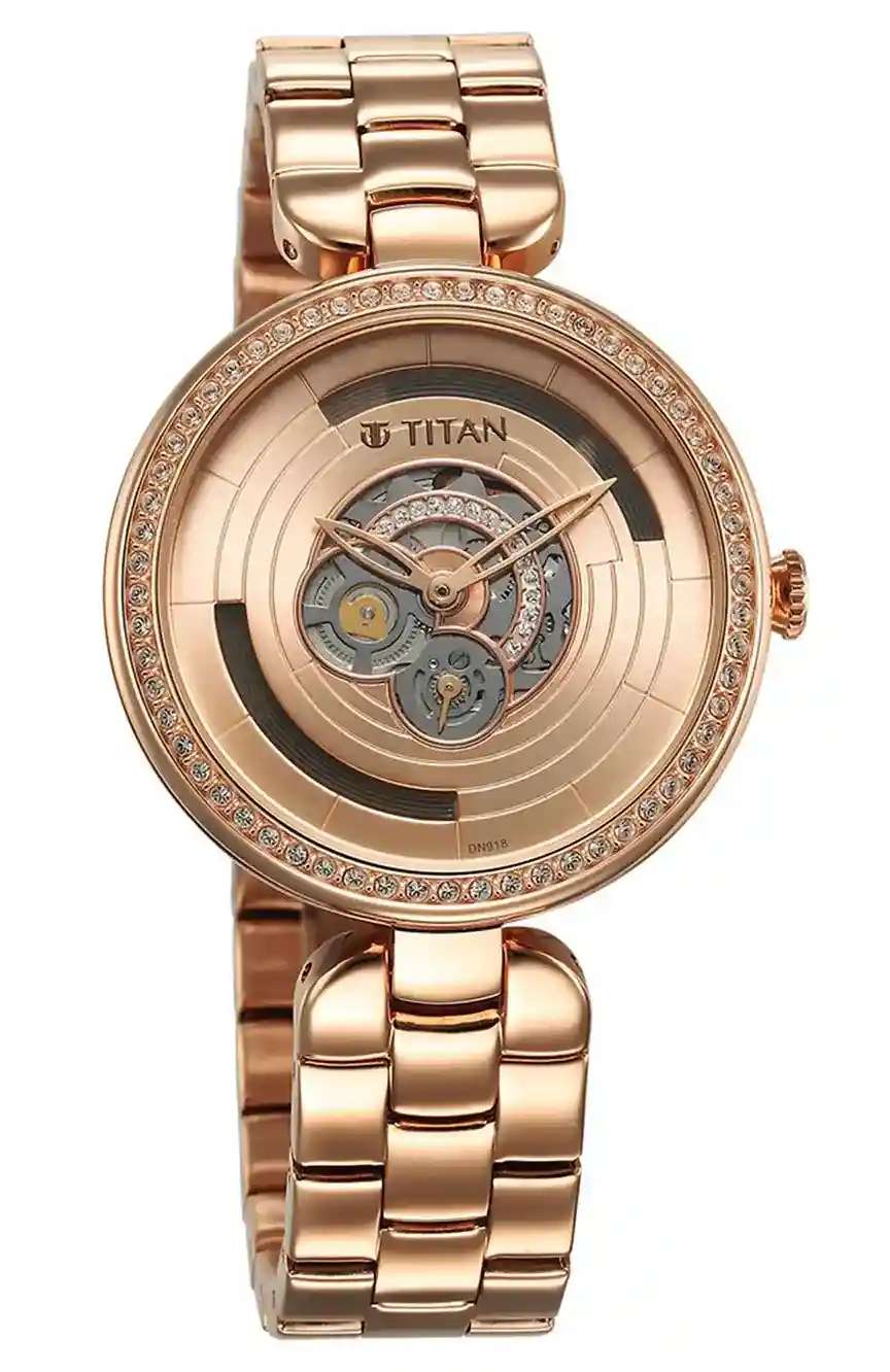 تيتان ساعة تيتان بيربل أبستراكت كوارتز بسوار ستانلس إستيل لون ذهبي وردي للنساء