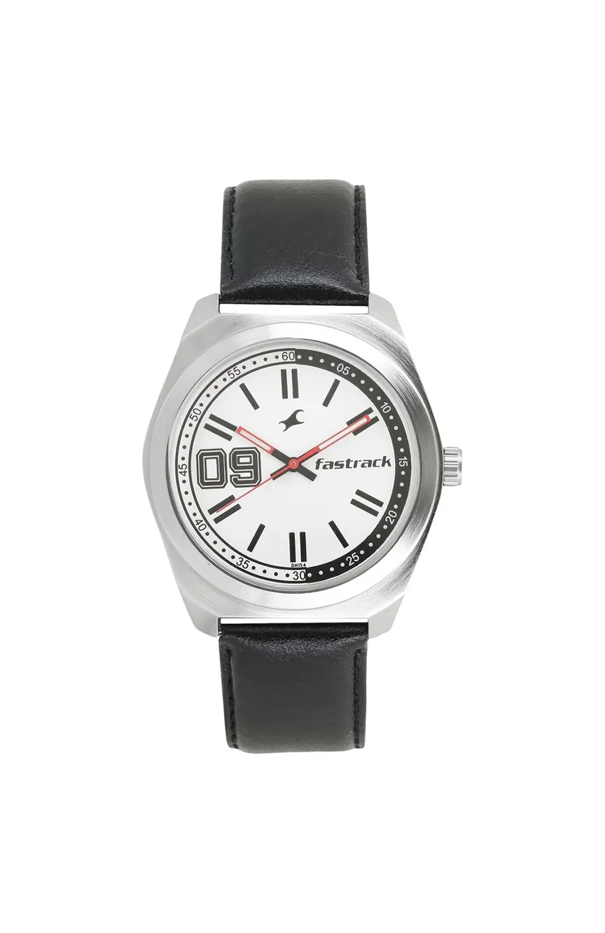 

Titan | boys Fastrack Varsity Quartz Analog White Dial Leather Strap Watch for Guys