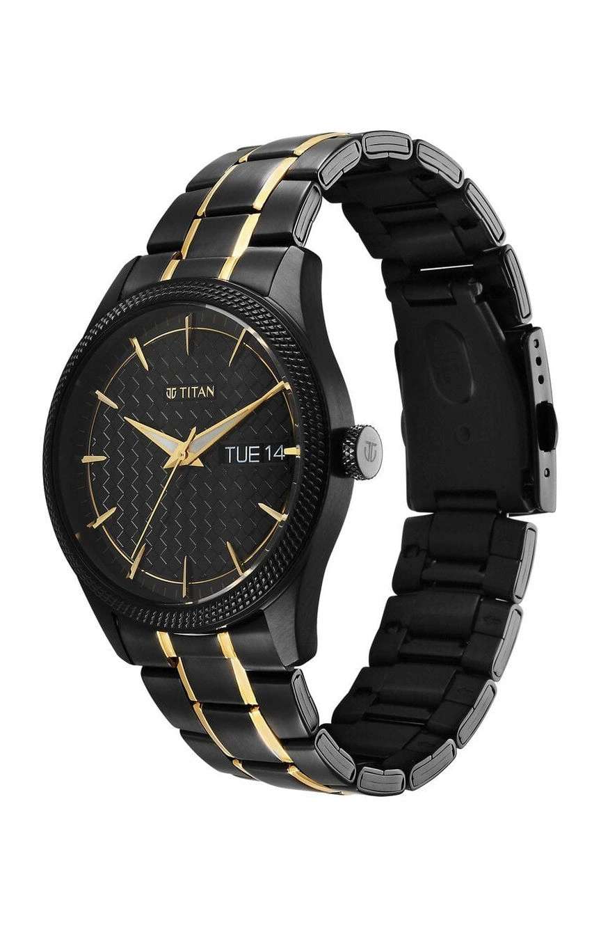 تيتان ساعة تيتان ريجاليا أوبيولنت كوارتز بميناء أسود بنافذة لعرض اليوم والتاريخ وسوار ستانلس إستيل للرجال