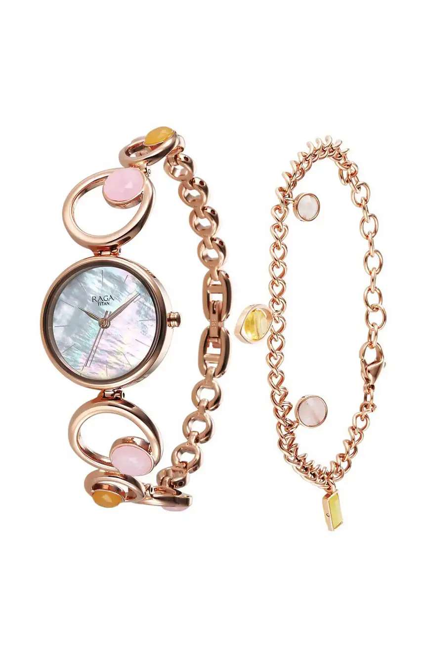Titan Raga New You Quartz Analog Mother Of Pearl Citrine and Rose Quartz stones Strap for Women