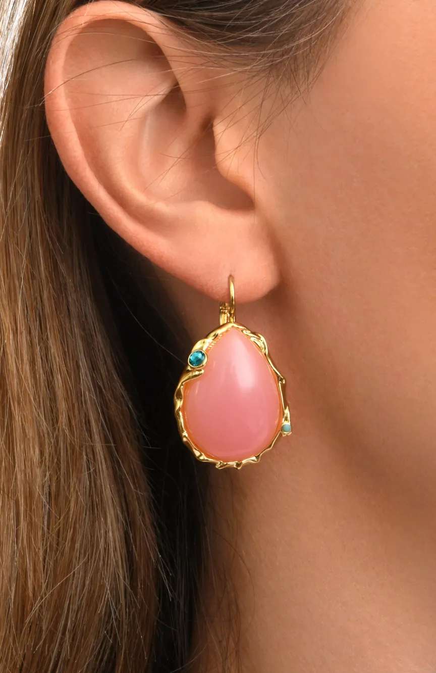 ستالايت Oceane Drop-Shaped Sleeper Earrings In Gold-Tone Metal With Pale Pink Cabochon And Rhinestones - Multi