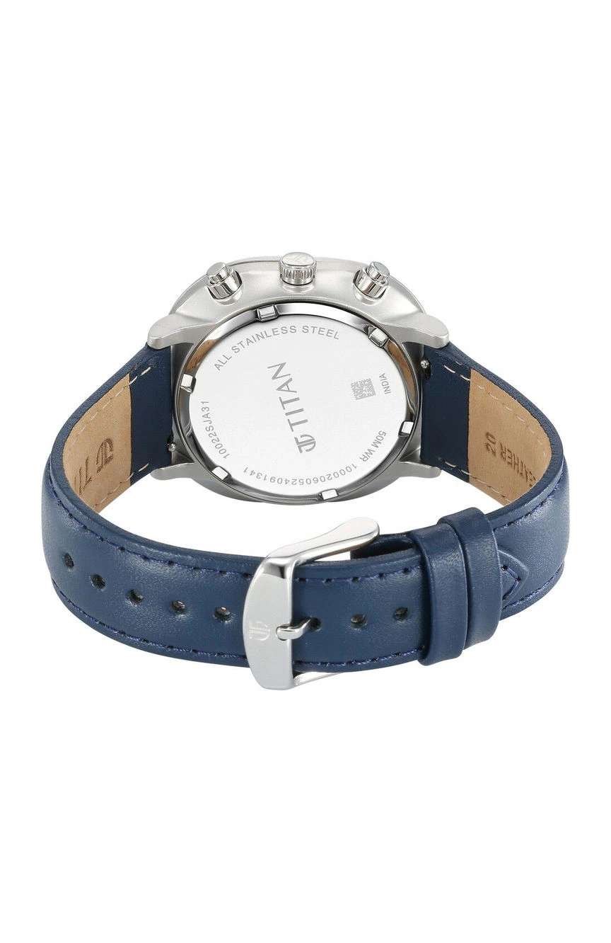 تيتان ساعة تيتان تايملس تريجرز كوارتز مزدوجة التوقيت بميناء أزرق وسوار جلدي أزرق للرجال