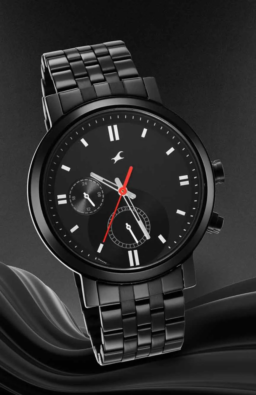 

Titan | Fastrack Tick Tock Quartz Multifunction Black Dial Metal Strap Watch for Guys