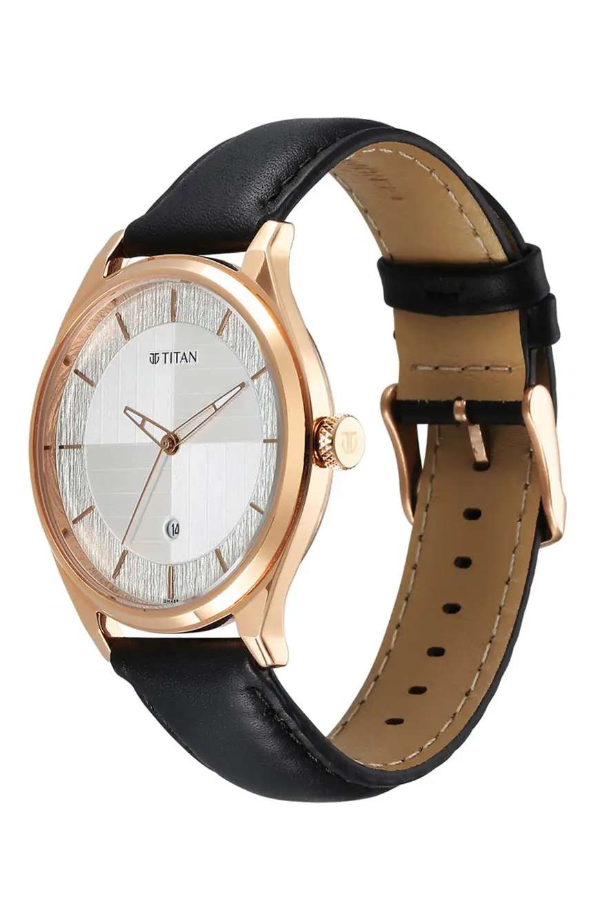 Titan Neo Economy Quartz Analog with Date Silver Dial Black Leather Strap Watch For Men