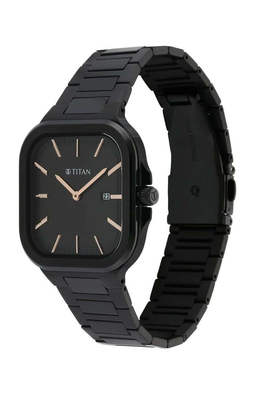 Titan Classique Slim Square Quartz Analog with Date Black Dial Stainless Steel Strap Watch for Men