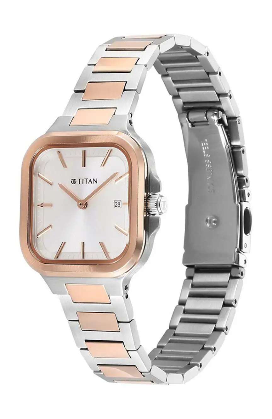 Titan Slim Square Quartz Analog with Date Silver Dial With Two Toned Color Stainless Steel Strap Watch For Women