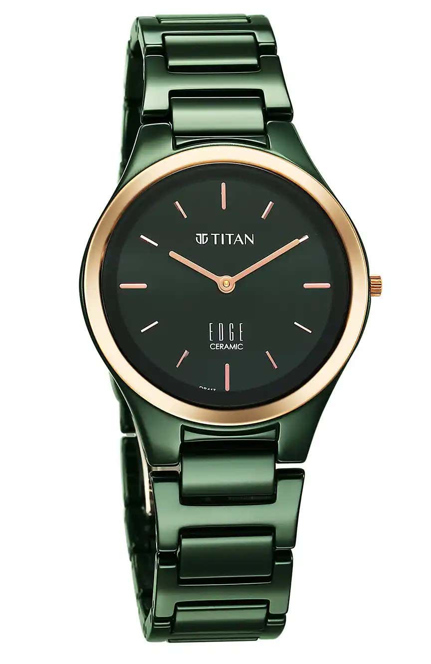 Titan Edge Bicolour Quartz Analog Green Dial Green Ceramic Strap Watch For Women
