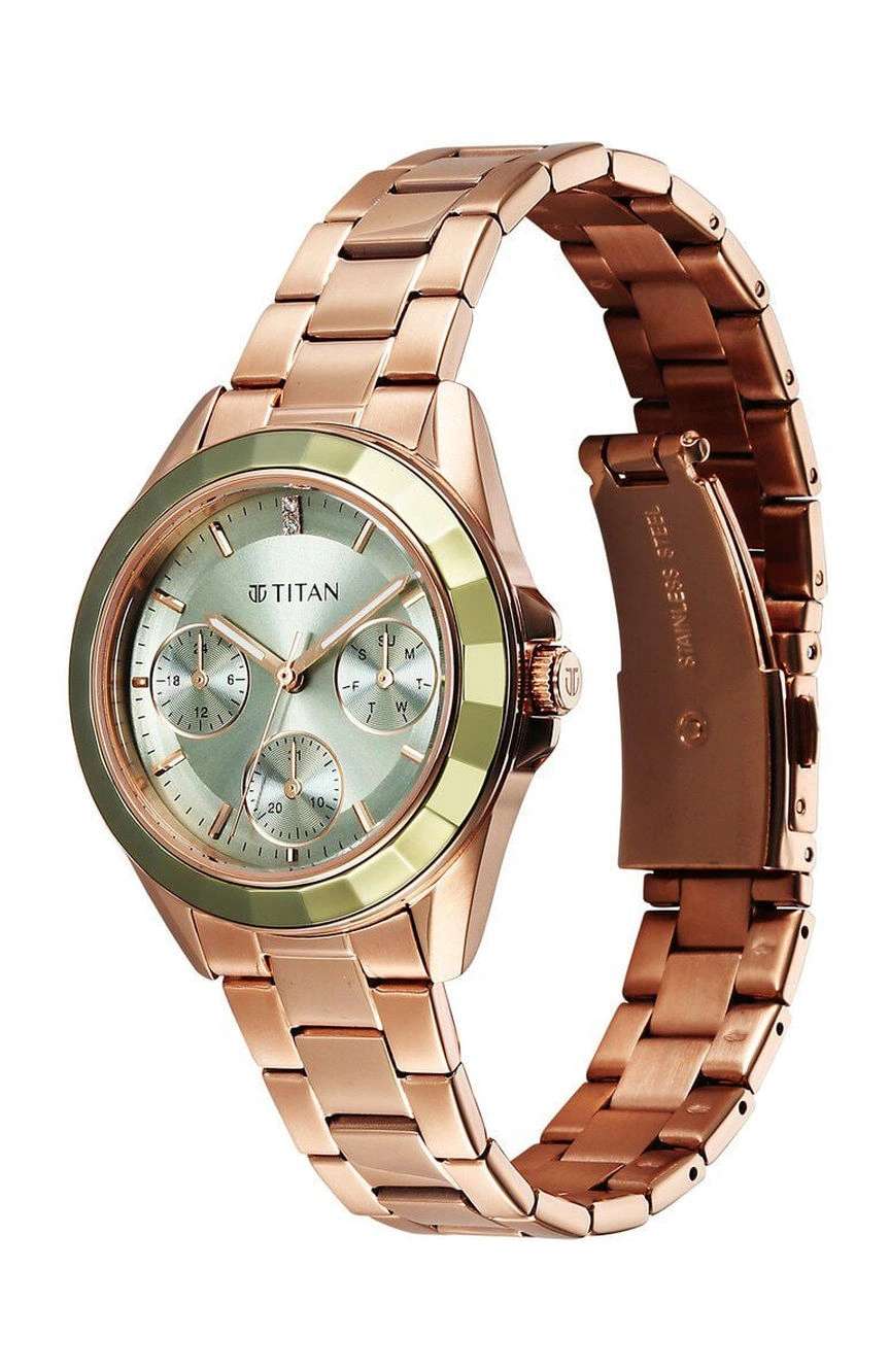 Titan Glamour Quartz Multifunction Green Dial Rose Gold Stainless Steel Strap Watch For Women
