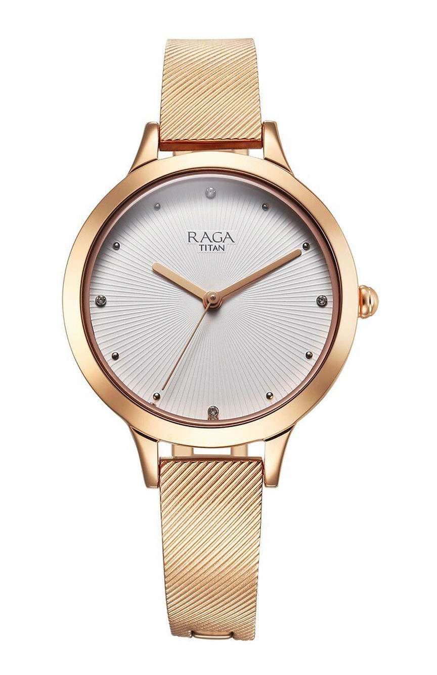 Titan Raga Memoirs Quartz Analog White Dial With Rose Gold Color Metal Strap Watch For Women
