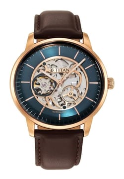 Titan Skeletal Automatic Blue Dial Brown Leather Strap Watch for Men