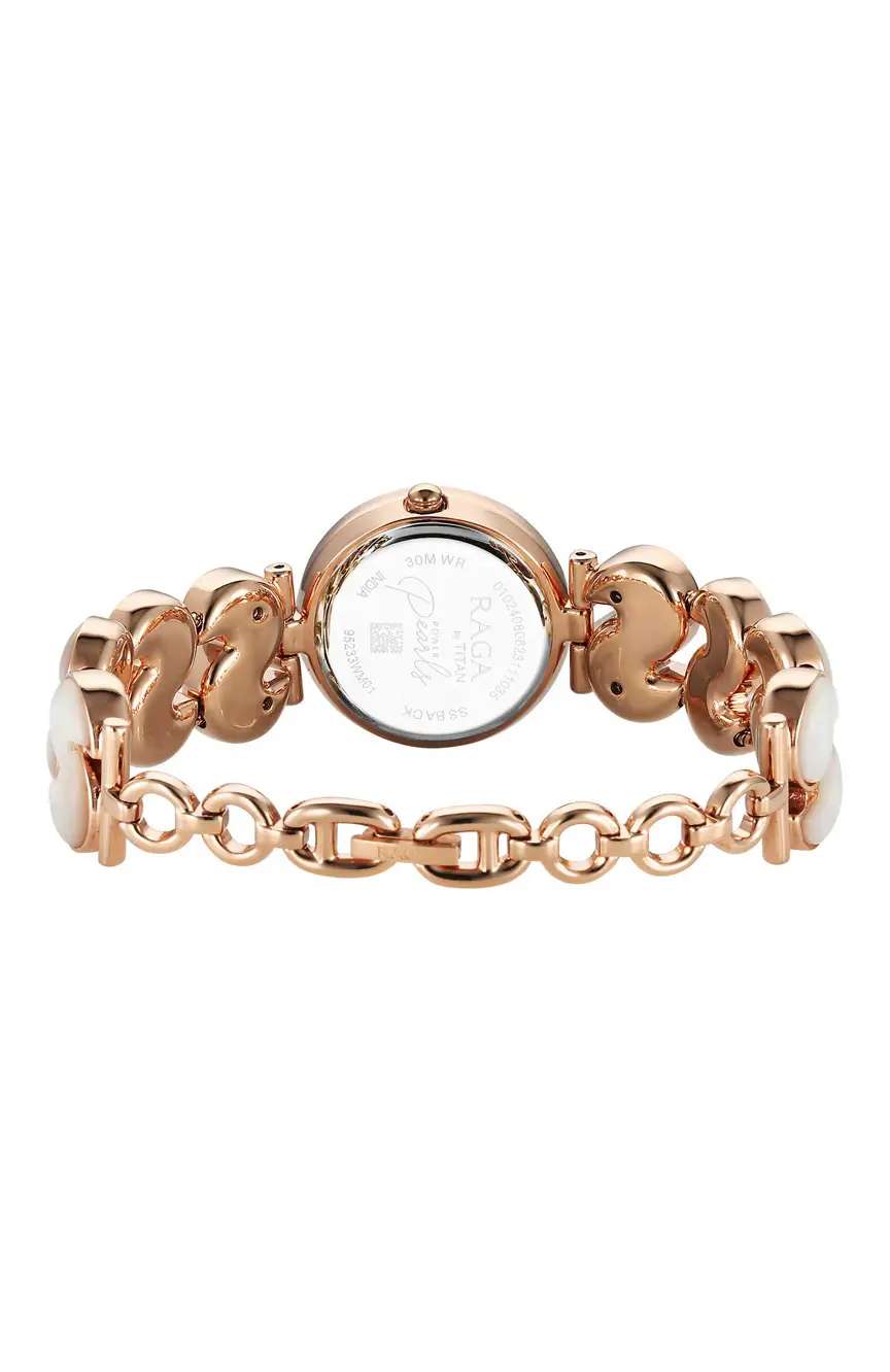 Titan Raga Power Pearls Quartz Analog Mother of Pearl Round Dial Rose Gold Metal Strap Watch For Women