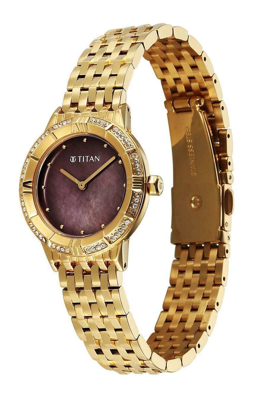 Titan Glamour Quartz Analog Brown Dial Golden Stainless Steel Strap Watch For Women