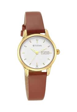 Titan Lagan White Dial Analog with Day and Date Leather Strap Watch for Women