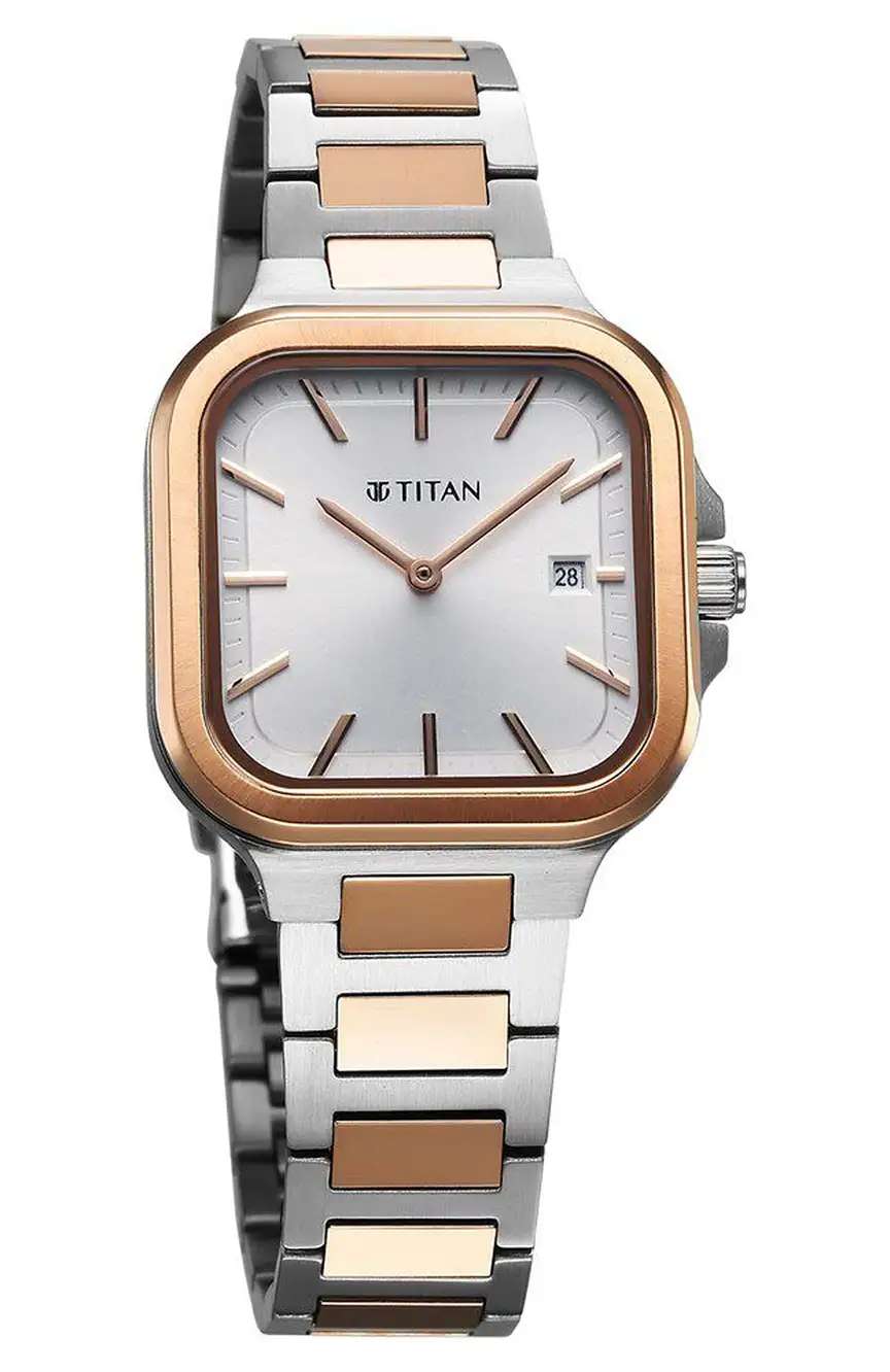 Titan Slim Square Quartz Analog with Date Silver Dial With Two Toned Color Stainless Steel Strap Watch For Women