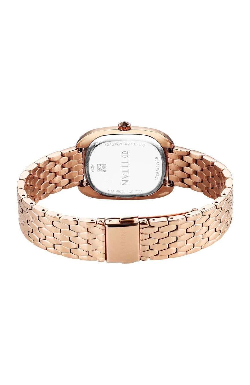 Titan Glamour Quartz Analog Blue Dial Rose Gold Stainless Steel Strap Watch For Women