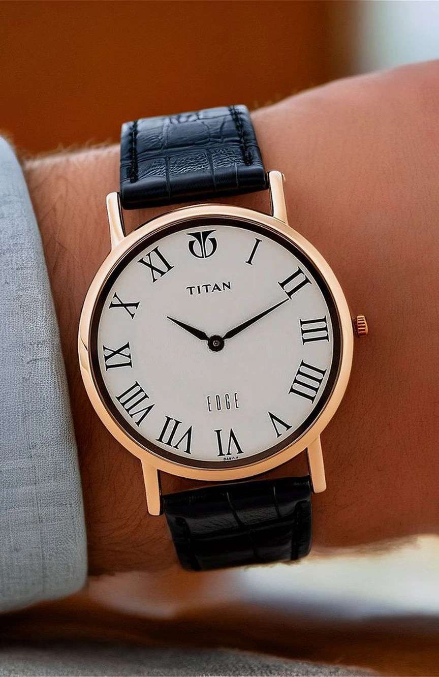 Titan Edge Quartz Analog White Dial Black Leather Strap Watch For Men