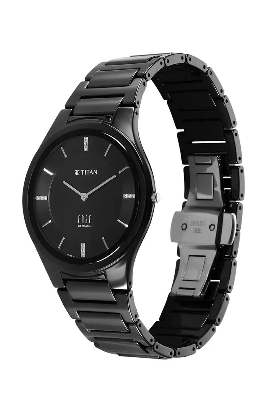 Titan Edge Ceramic Quartz in Glossy Black with Diamonds and Black Dial Watch for Men