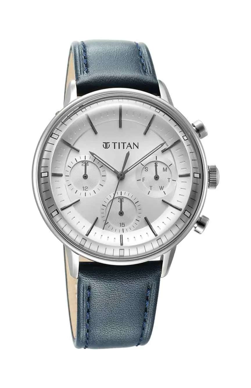 Titan Light Leathers Quartz Multifunction Black Dial Stainless Steel Strap Watch for Men