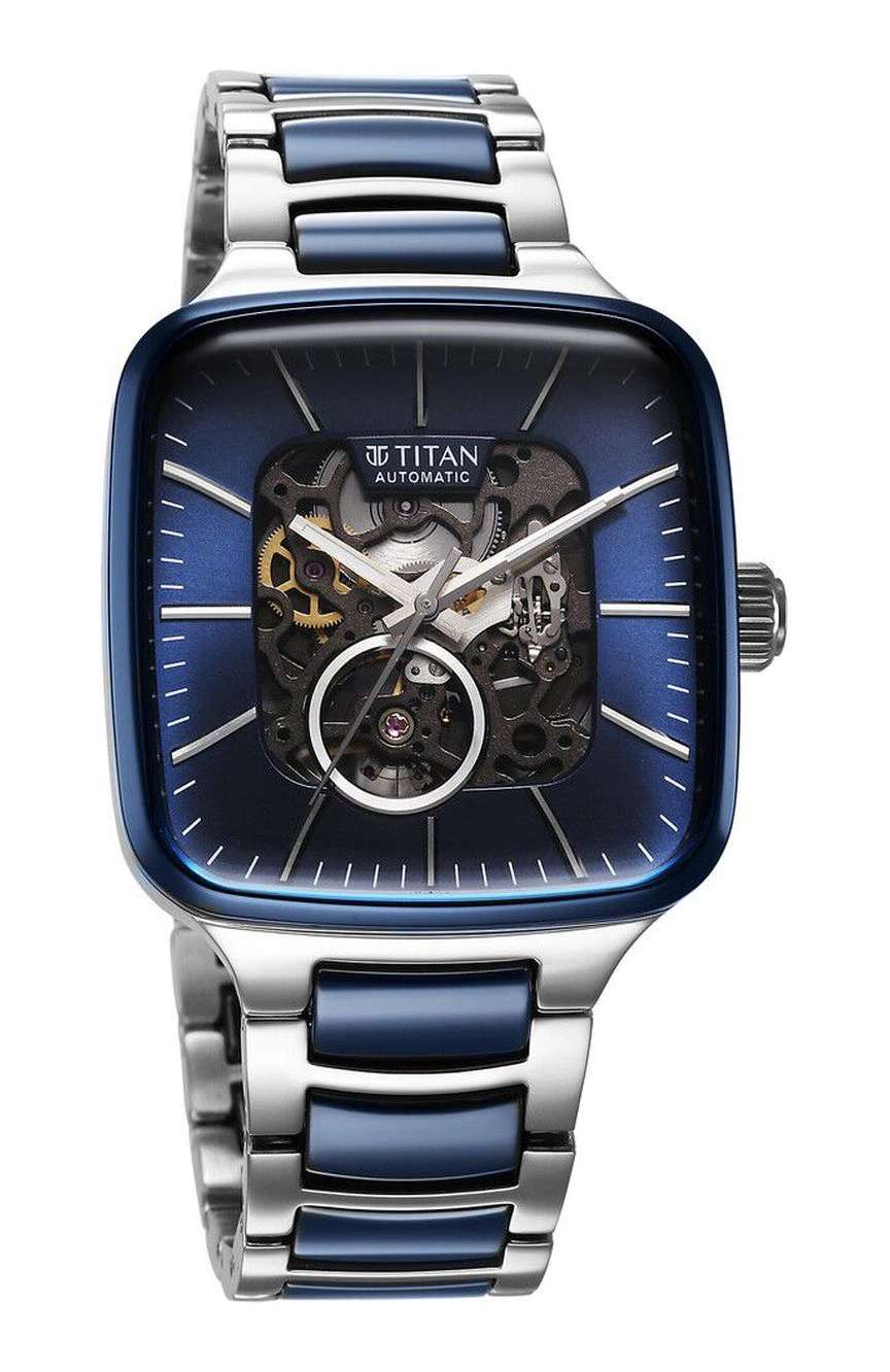 Titan Ceramic Fusion Automatic Square Blue Dial Rose Gold Dual-Toned Stainless Steel Bracelet Watch for Men
