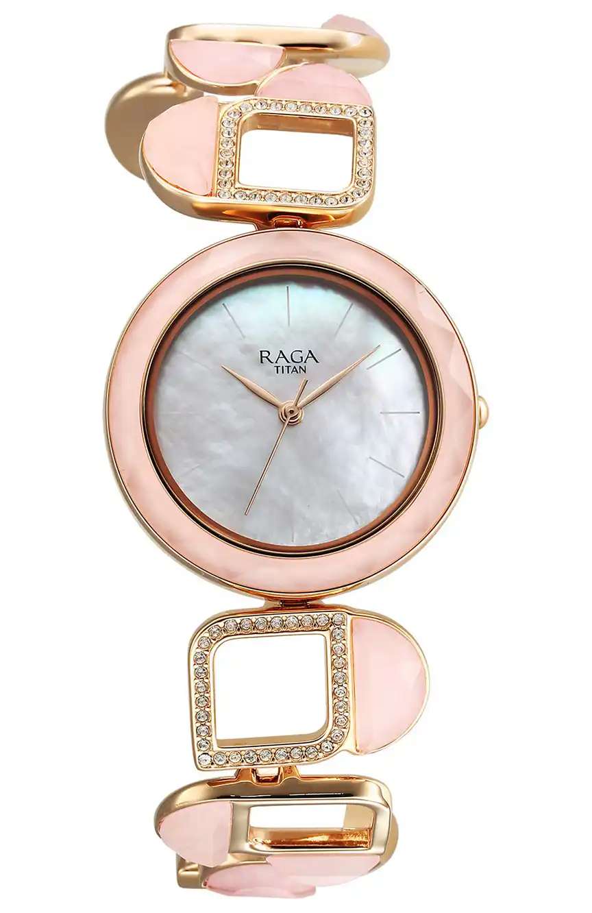 Titan Raga New You Quartz Analog Mother Of Pearl Round Dial Rose Gold Metal Strap Watch For Women