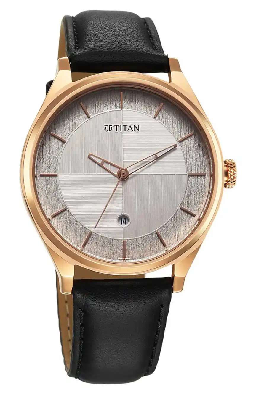 Titan Neo Economy Quartz Analog with Date Silver Dial Black Leather Strap Watch For Men