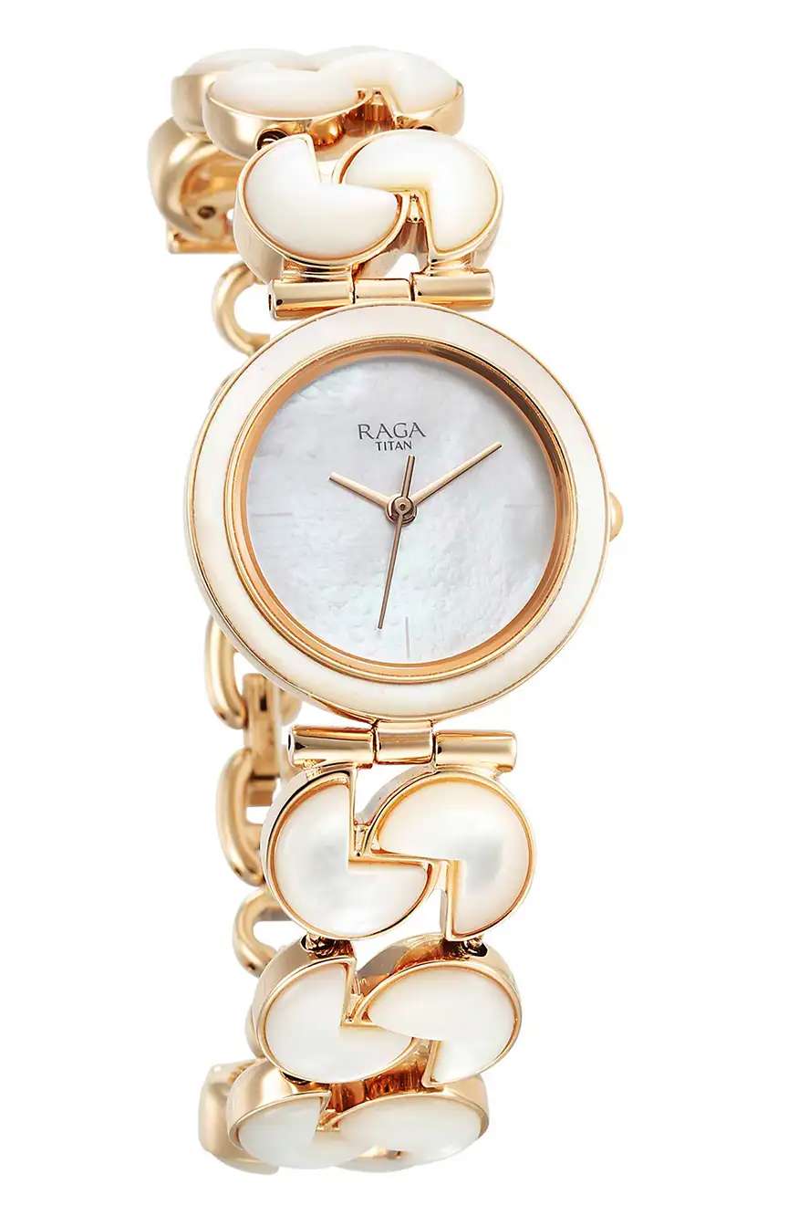 Titan Raga Power Pearls Quartz Analog Mother of Pearl Round Dial Rose Gold Metal Strap Watch For Women