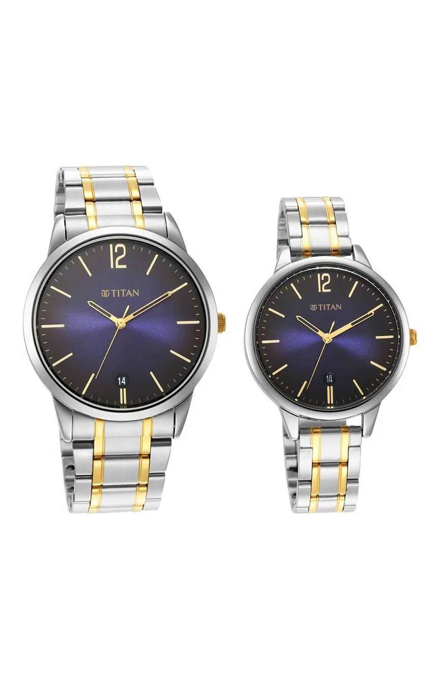 Titan Quartz Analog with Date Blue Dial Stainless Steel Strap Watch for Couple