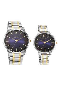 Titan Quartz Analog with Date Blue Dial Stainless Steel Strap Watch for Couple