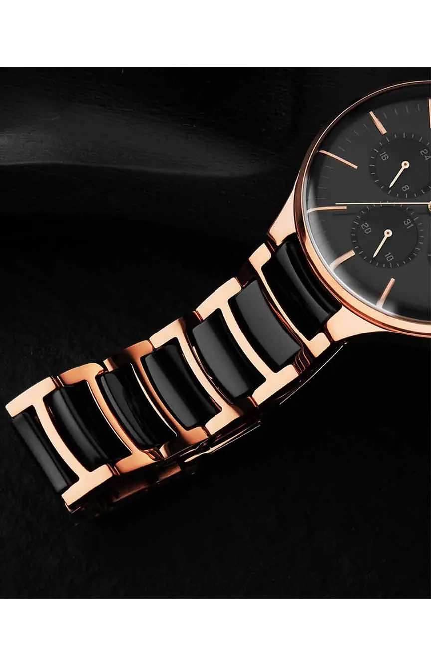 Titan Ceramic Fusion Quartz Multifunction Black Dial Rose Gold Dual-Toned Stainless Steel Bracelet Watch for Men