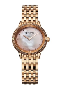 Titan Glamour Quartz Analog Mother Of Pearl Dial Rose Gold Stainless Steel Strap Watch For Women