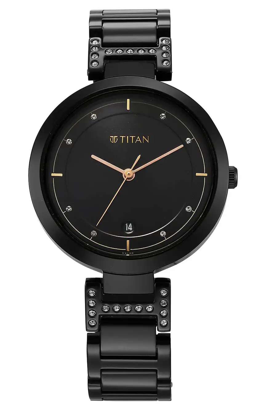 Titan Workwear Quartz Analog Black Dial Black Stainless Steel Strap Watch for Women