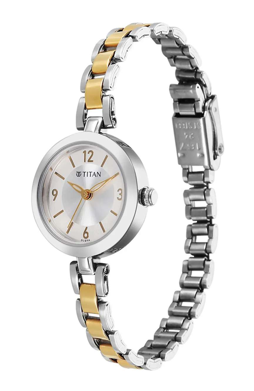 Titan Karishma Silver Round Dial Dual Tone Metal Strap Analog Watch for Women