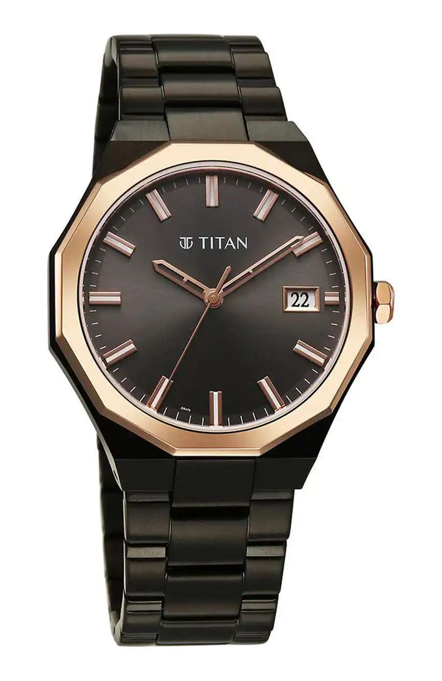 Titan Regalia Dodecagon Quartz Analog with Date Grey Dial Black Stainless Steel Strap Watch For Men