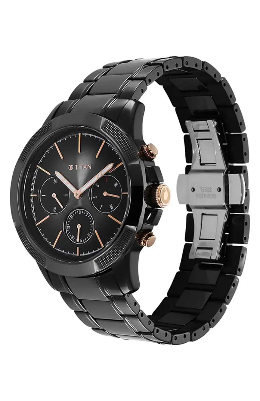 Titan Quartet Black Dial Analog with Day and Date Steel and Ceramic Strap watch for Men