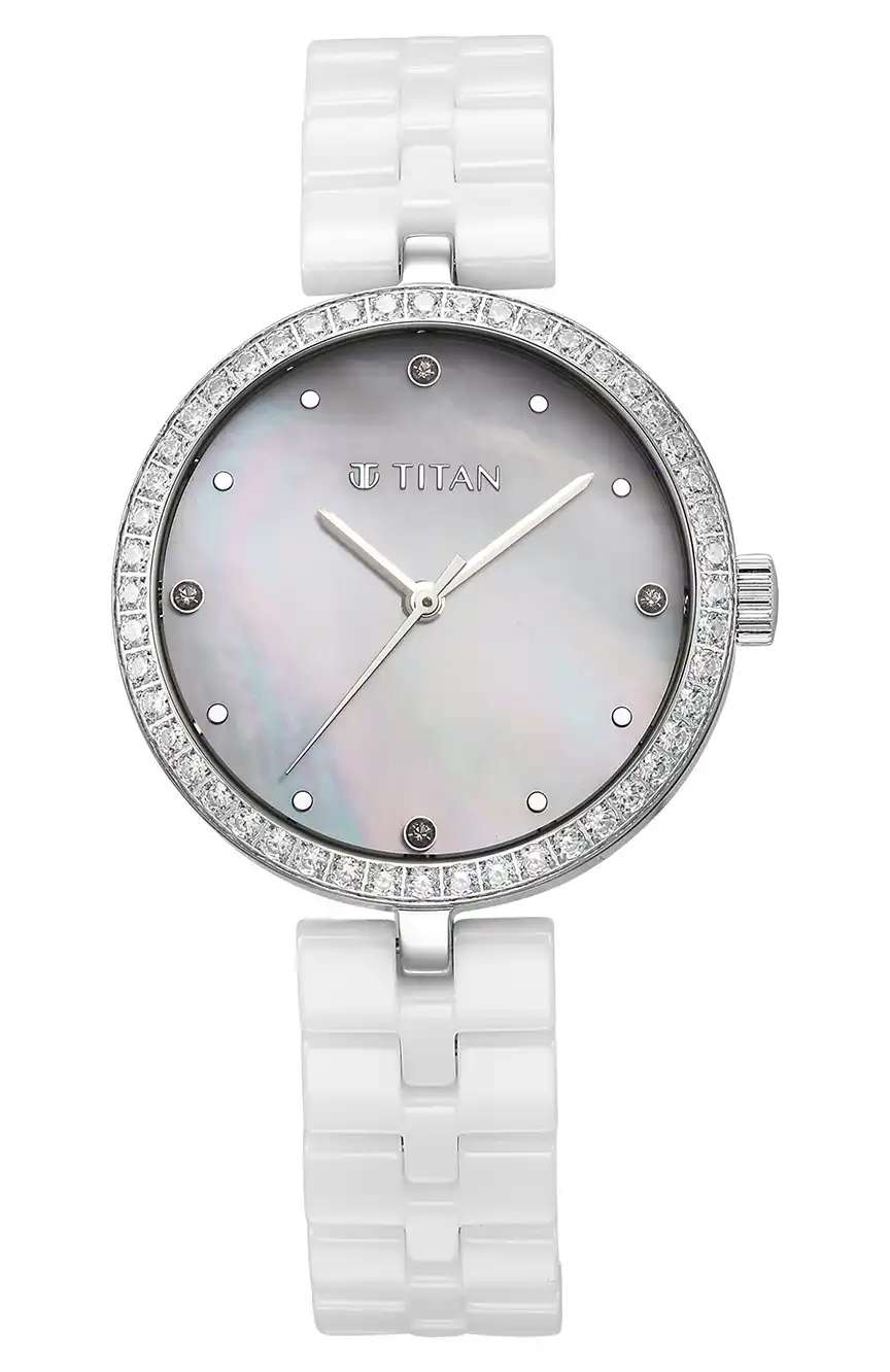 Titan Purple Ceramics Quartz Analog Mother of Pearl Dial White Ceramic Strap Watch For Women
