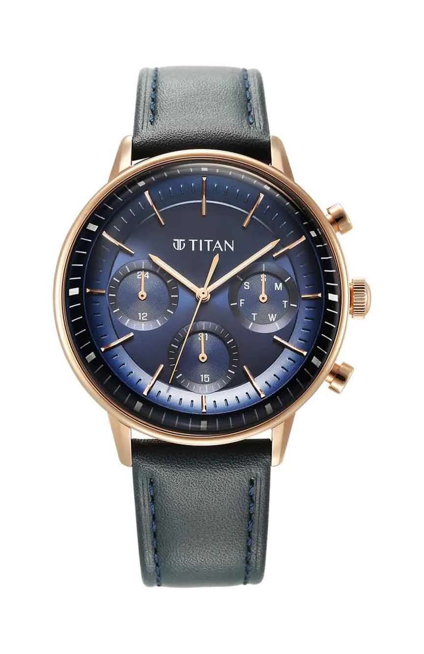 Titan Light Leathers Quartz Multifunction Blue Dial Stainless Steel Strap Watch for Men