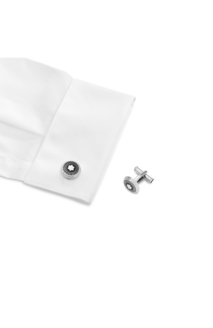 Montblanc Round Cufflinks in Stainless Steel with Ray Pattern and Mother-of-Pearl Snowcap Emblem