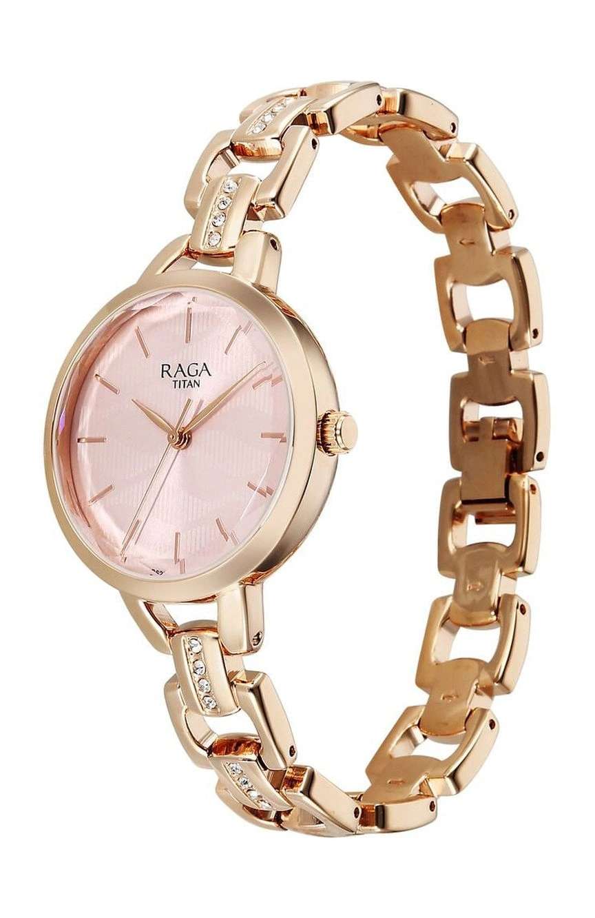 Titan Raga Showstopper Quartz Analog Rose Gold Dial Metal Strap Watch For Women