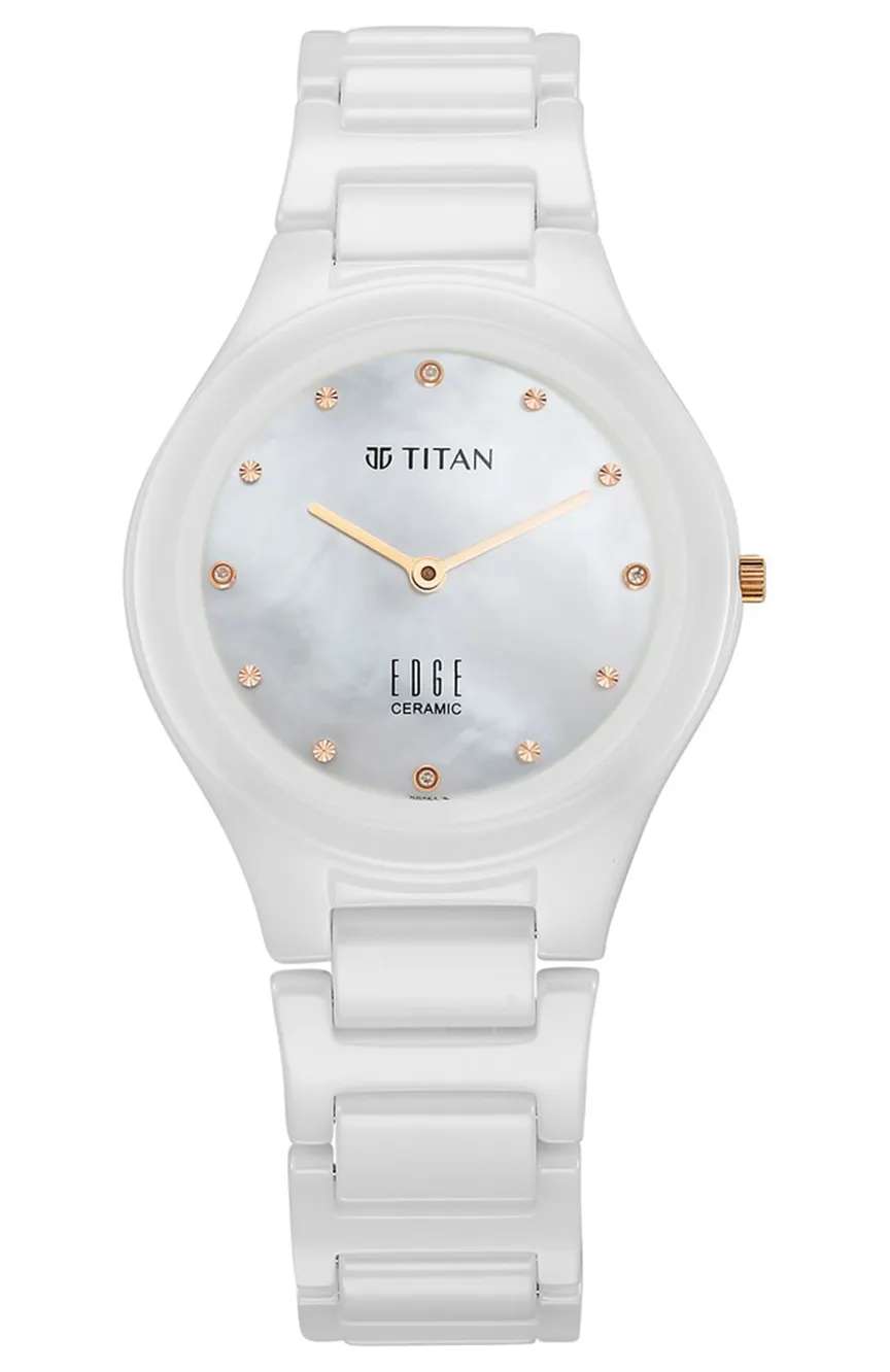 Titan Edge Ceramic Quartz in Arctic White with Diamonds and Rich Mother Of Pearl Dial Watch for Women
