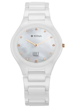 Titan Edge Ceramic Quartz in Arctic White with Diamonds and Rich Mother Of Pearl Dial Watch for Women