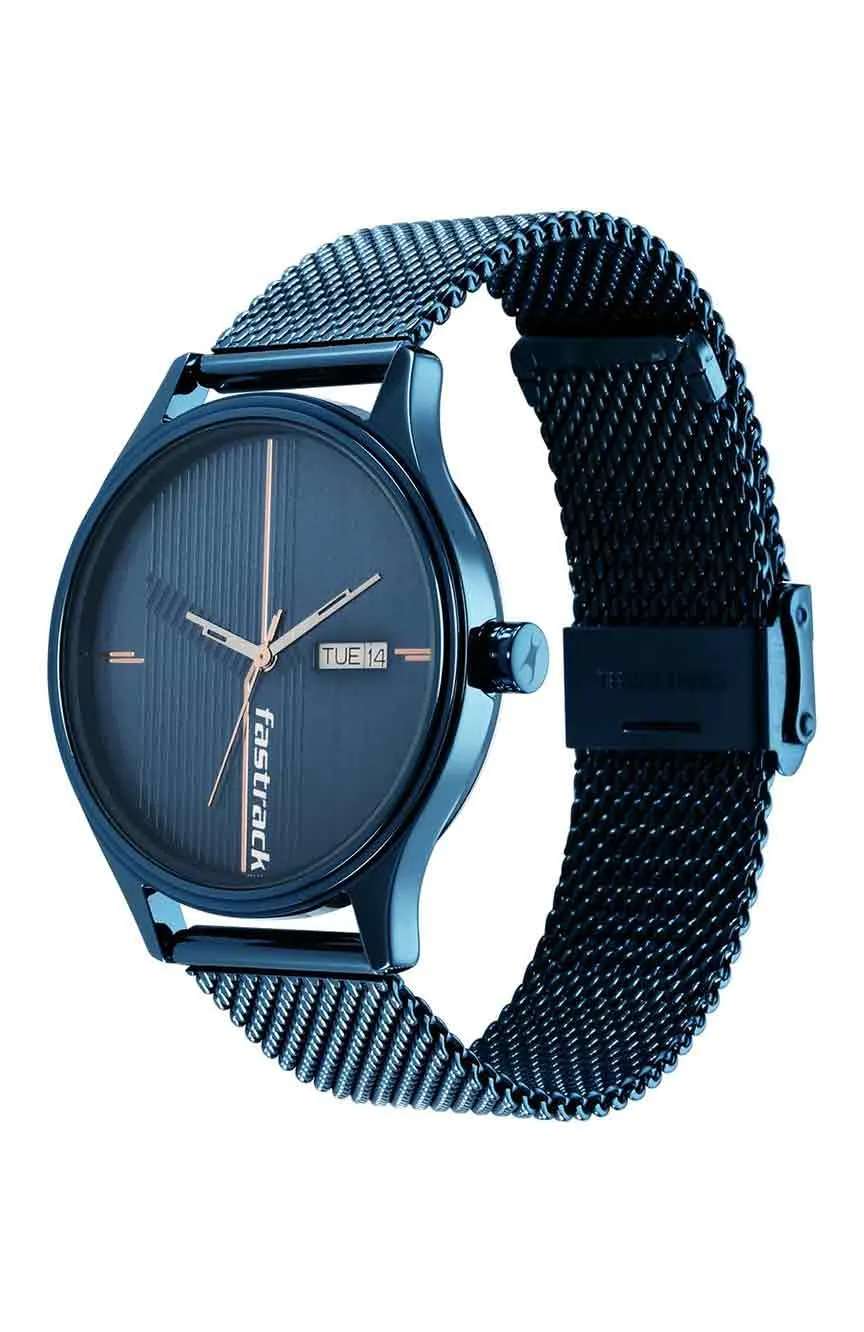 Titan Fastrack Style Up Quartz Analog with Day and Date Blue Dial Stainless Steel Strap Watch for Guys